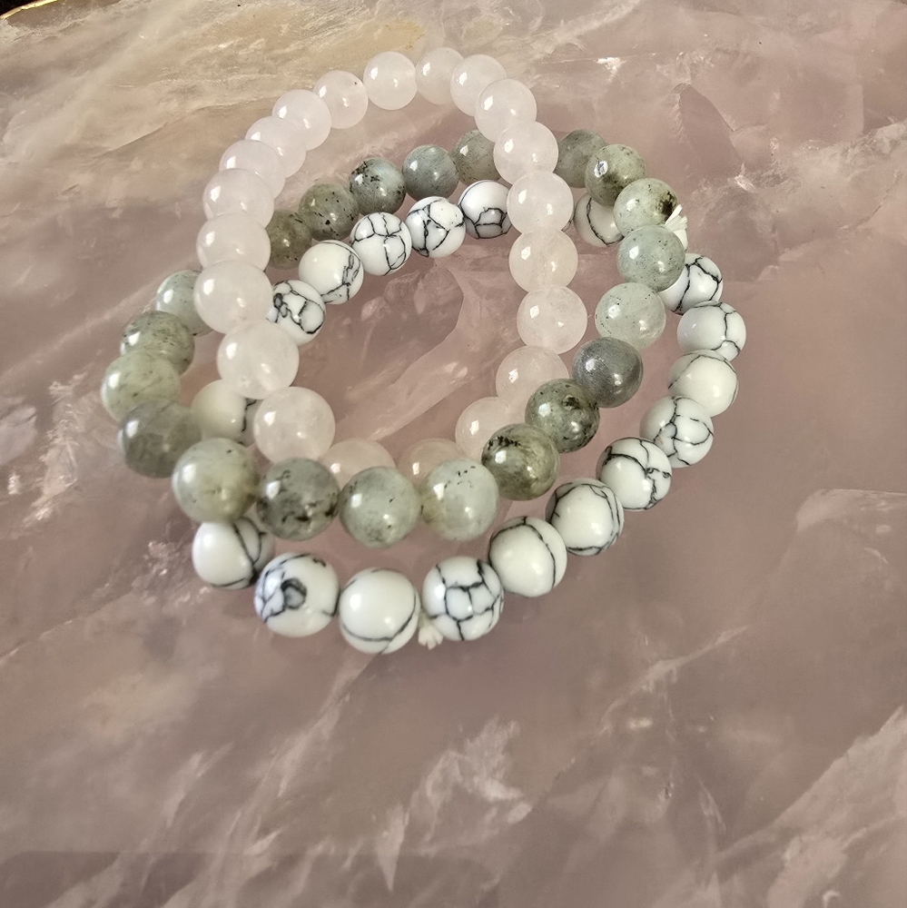 Beaded Bracelet Set. Rose quartz, howlet, labradorite. You get all 3.